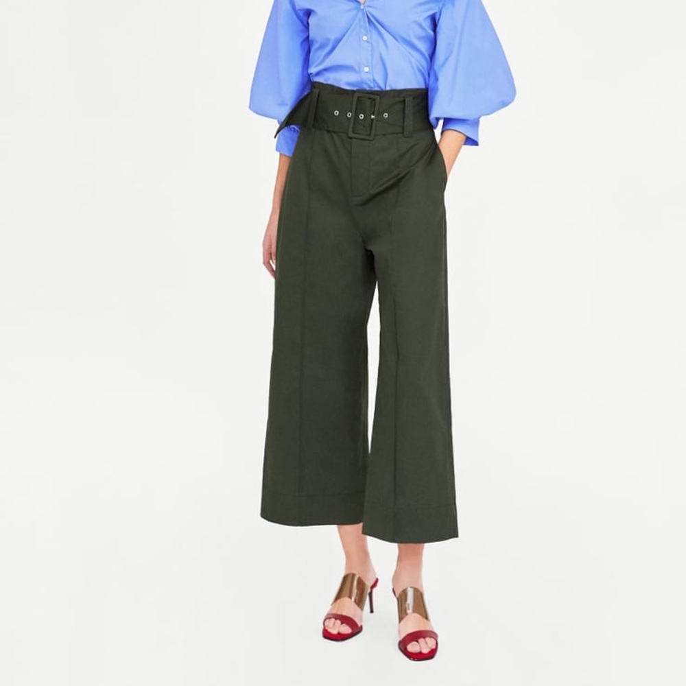 Zara Poplin Pants with belt in Dark Khaki